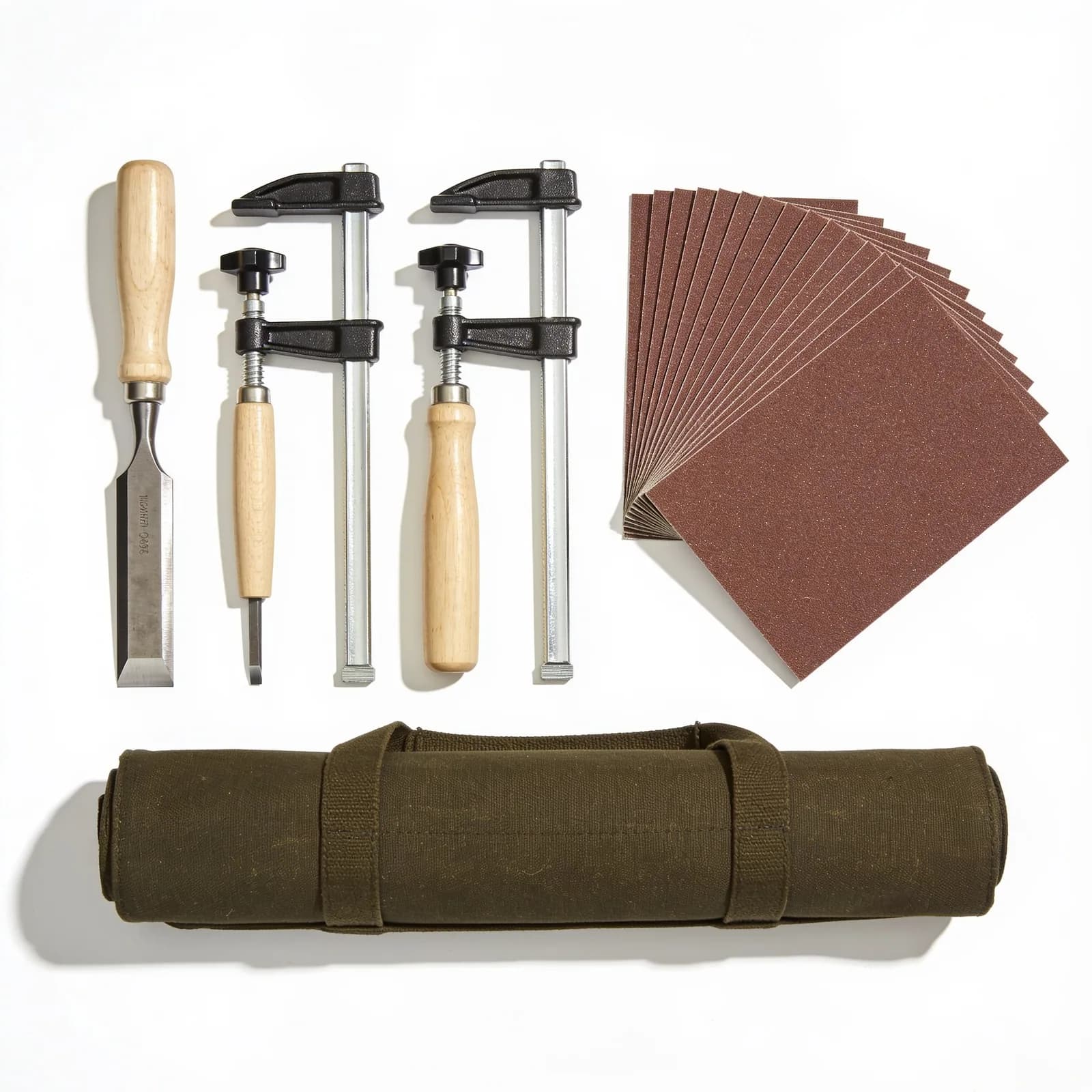 Bench Starter Kit — Chisel, marking knife, two clamps, abrasives, roll